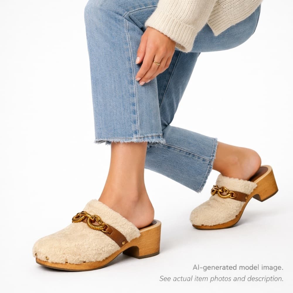 271. Tory Burch Shearling Chain Clog Mules Wooden Heel 9.5M - Thumbnail 14