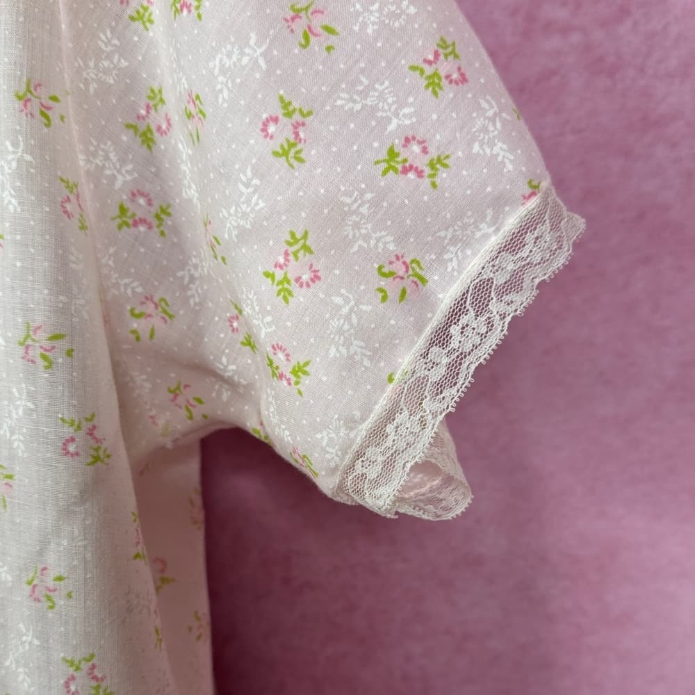 160. Vintage Floral Pajama Set Pink White Lace Trim Size M/L - Thumbnail 6