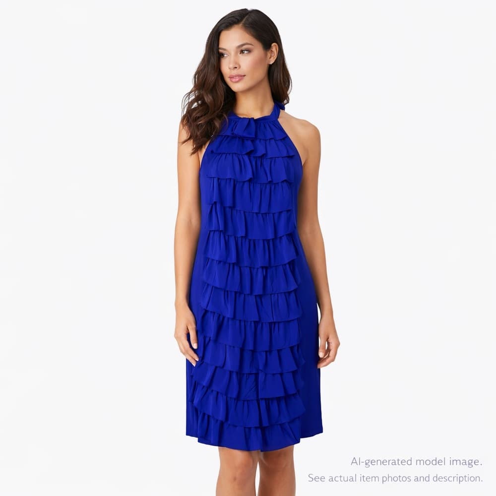 220. Anthropologie VA ET VIEN Silk Royal Blue Ruffle Halter Dress Size 4 - Thumbnail 8