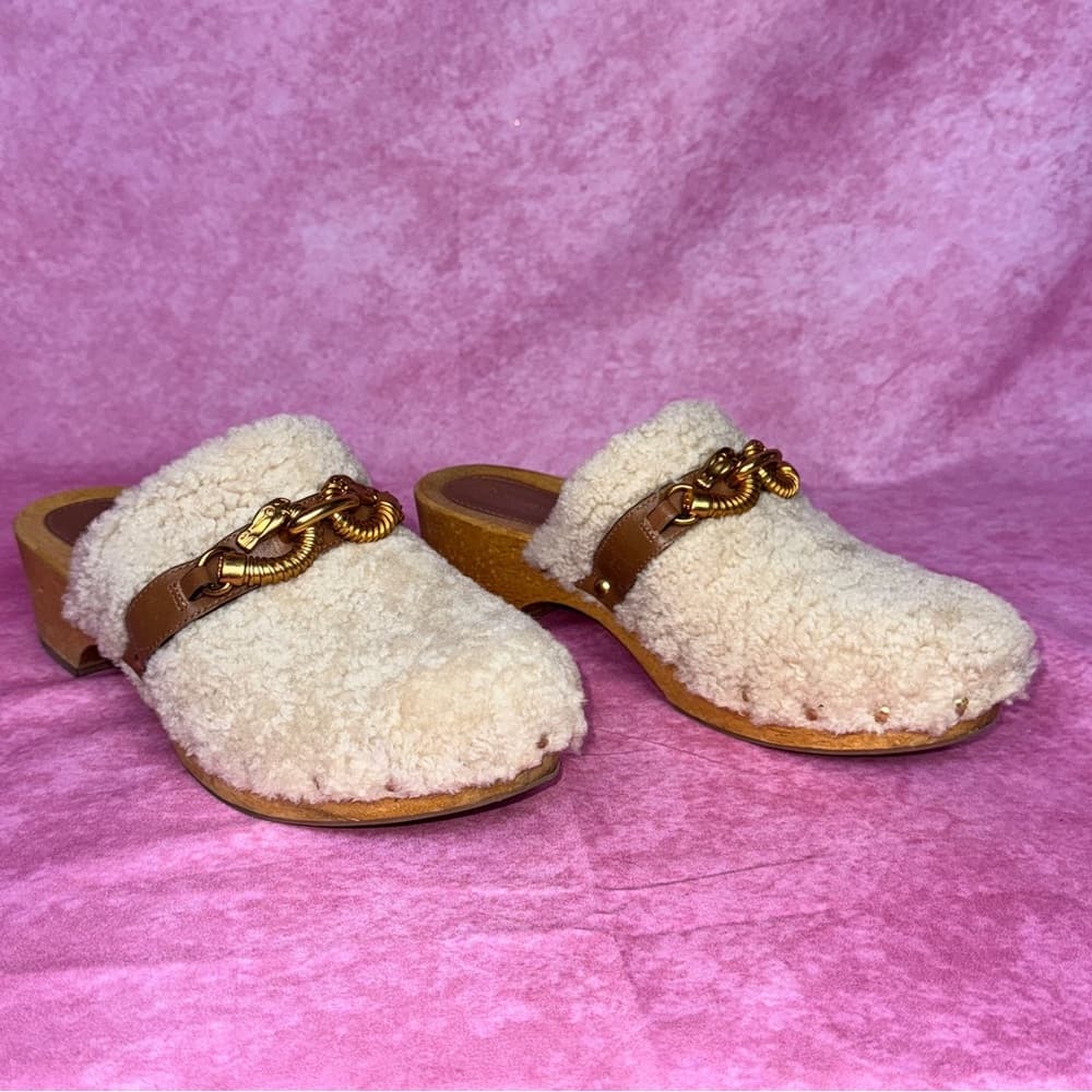 271. Tory Burch Shearling Chain Clog Mules Wooden Heel 9.5M