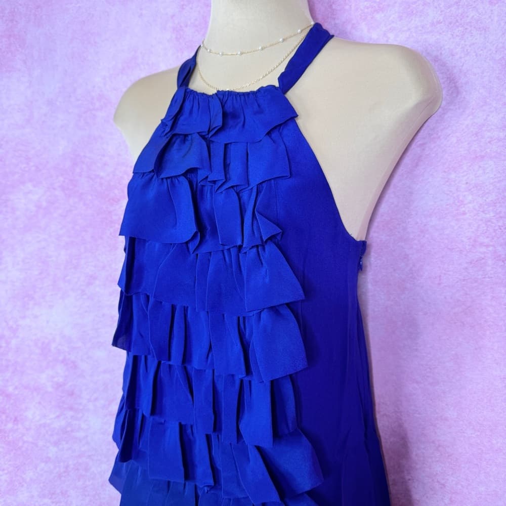 220. Anthropologie VA ET VIEN Silk Royal Blue Ruffle Halter Dress Size 4 - Thumbnail 4