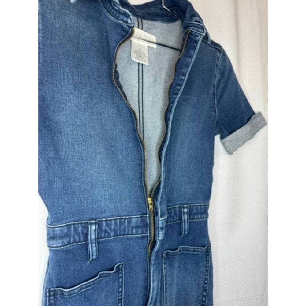 369. Second Skin Overalls Denim Zip Front Short Sleeve Jumpsuit XS - Thumbnail 6
