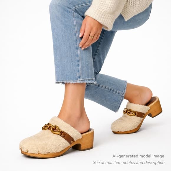 271. Tory Burch Shearling Chain Clog Mules Wooden Heel 9.5M - Thumbnail 15