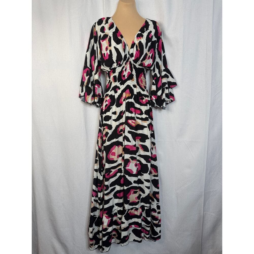 352. Made in Italy Pink Leopard Print Smocked Maxi Dress