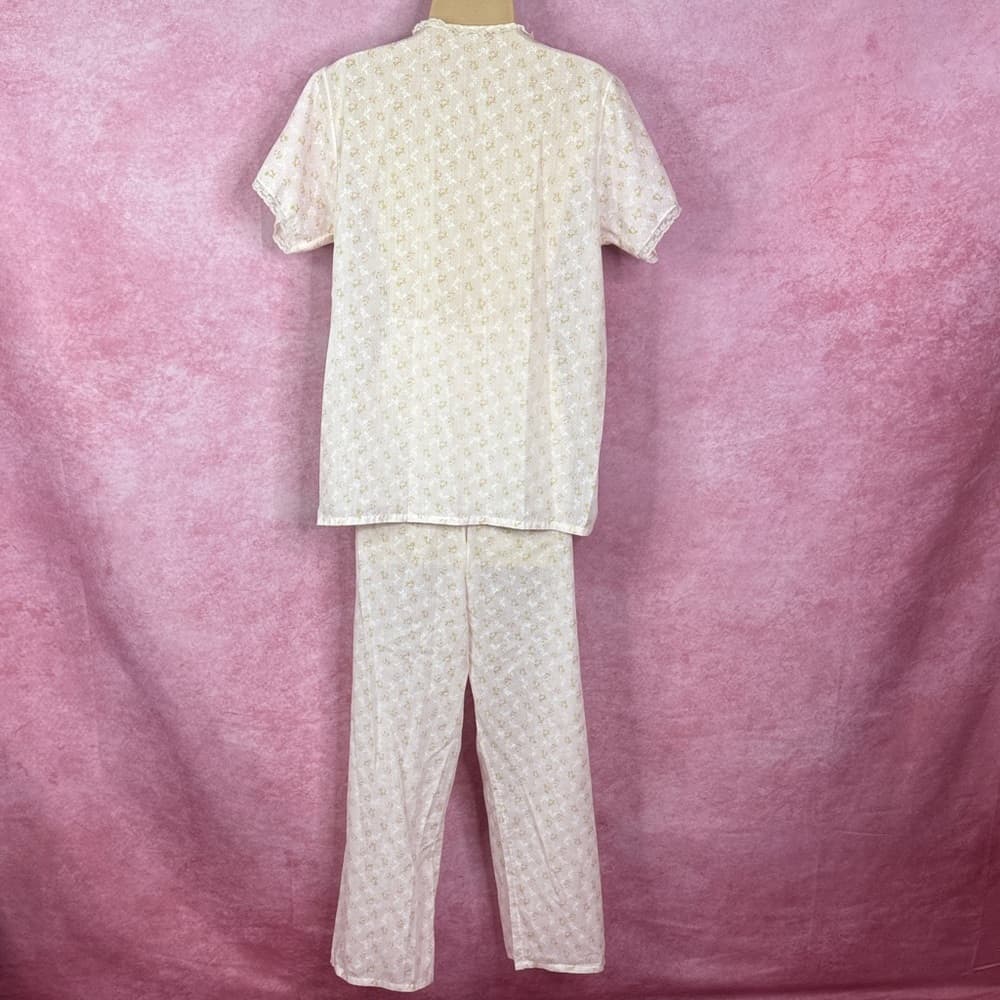 160. Vintage Floral Pajama Set Pink White Lace Trim Size M/L - Thumbnail 4