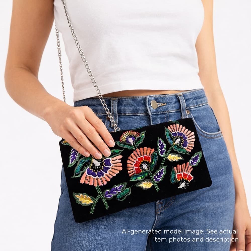 257. Francesca’s Embroidered Velvet Floral Clutch w/ Chain Strap - Thumbnail 9
