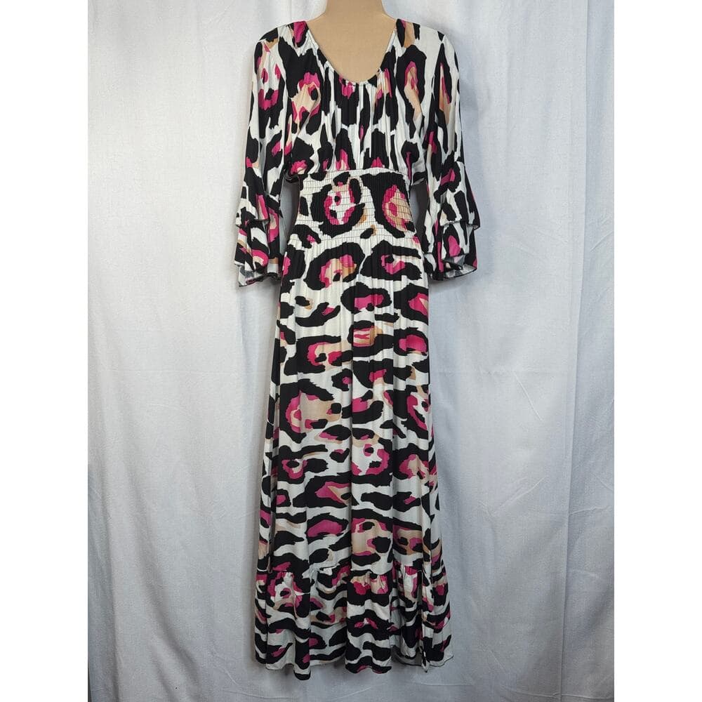 352. Made in Italy Pink Leopard Print Smocked Maxi Dress - Thumbnail 4