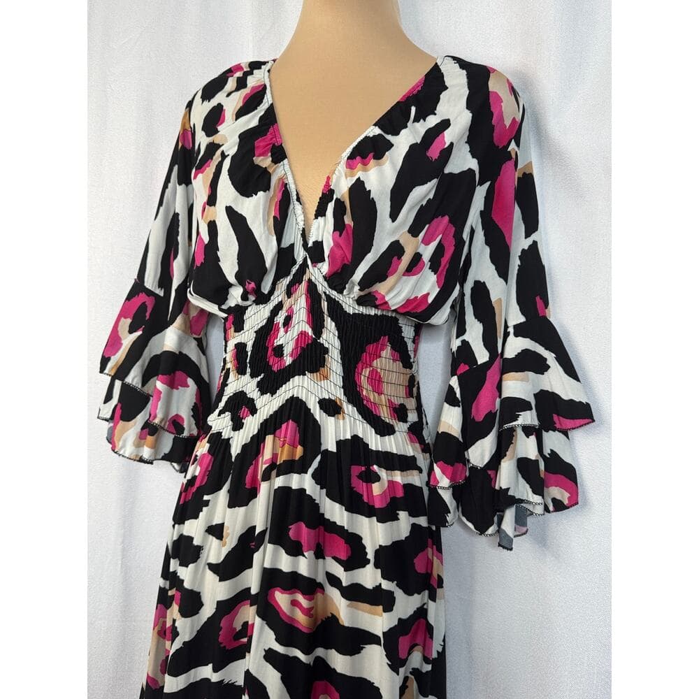 352. Made in Italy Pink Leopard Print Smocked Maxi Dress - Thumbnail 2