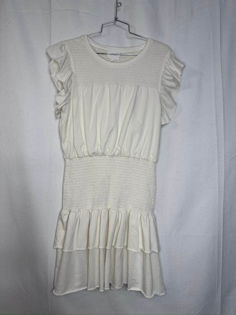 411. Sundays Ivory Smocked Ruffle Sleeve Mini Dress Size L - Thumbnail 5