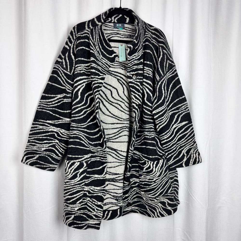 308. Maeve by Anthropologie Black White Abstract Wool Cardigan 2X Plus - Thumbnail 3