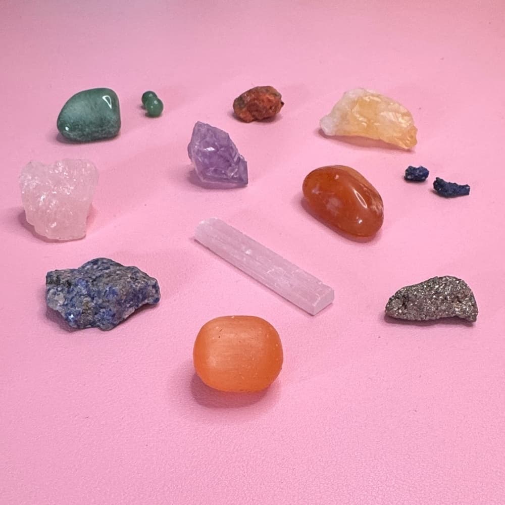 141. 11-Piece Crystal Set, Amethyst, Citrine, Pyrite, Rose Quartz, Selenite