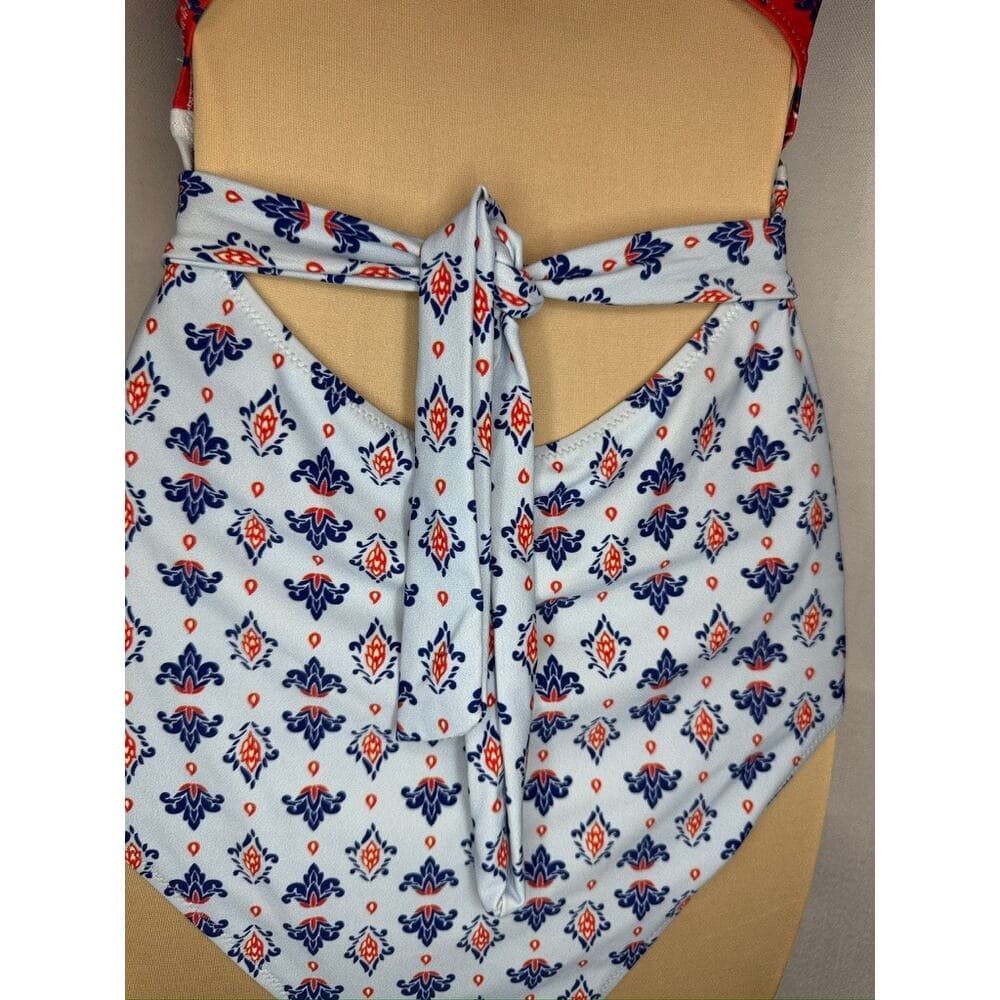 374. Cupshe Cutout One Piece Swimsuit Blue Red Geometric Print Size M - Thumbnail 3