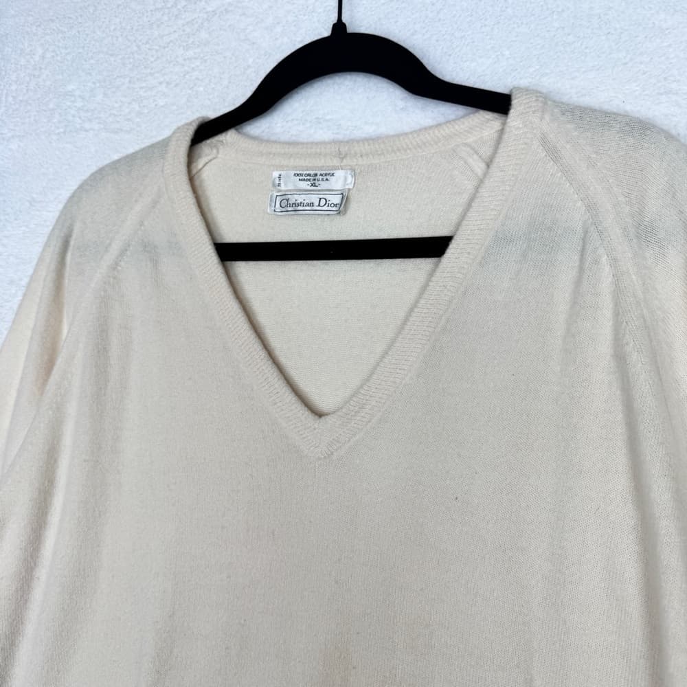 285. Christian Dior Vintage Cream V-Neck Knit Sweater XL - Thumbnail 3