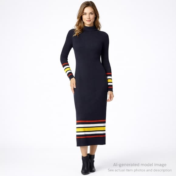 247. Etcetera Navy Striped Cuff & Hem Ribbed Sweater Dress M - Thumbnail 8