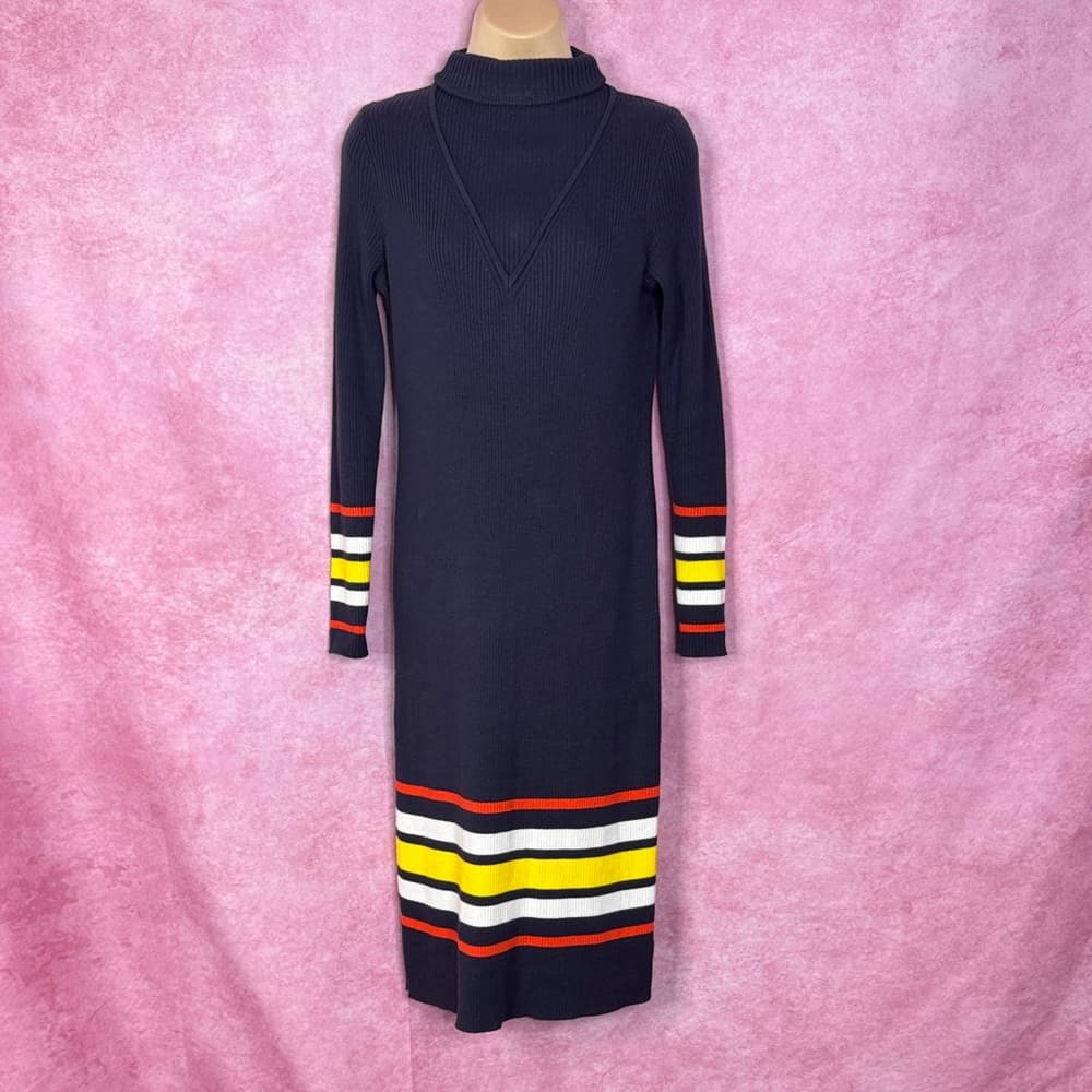 247. Etcetera Navy Striped Cuff & Hem Ribbed Sweater Dress M - Thumbnail 2