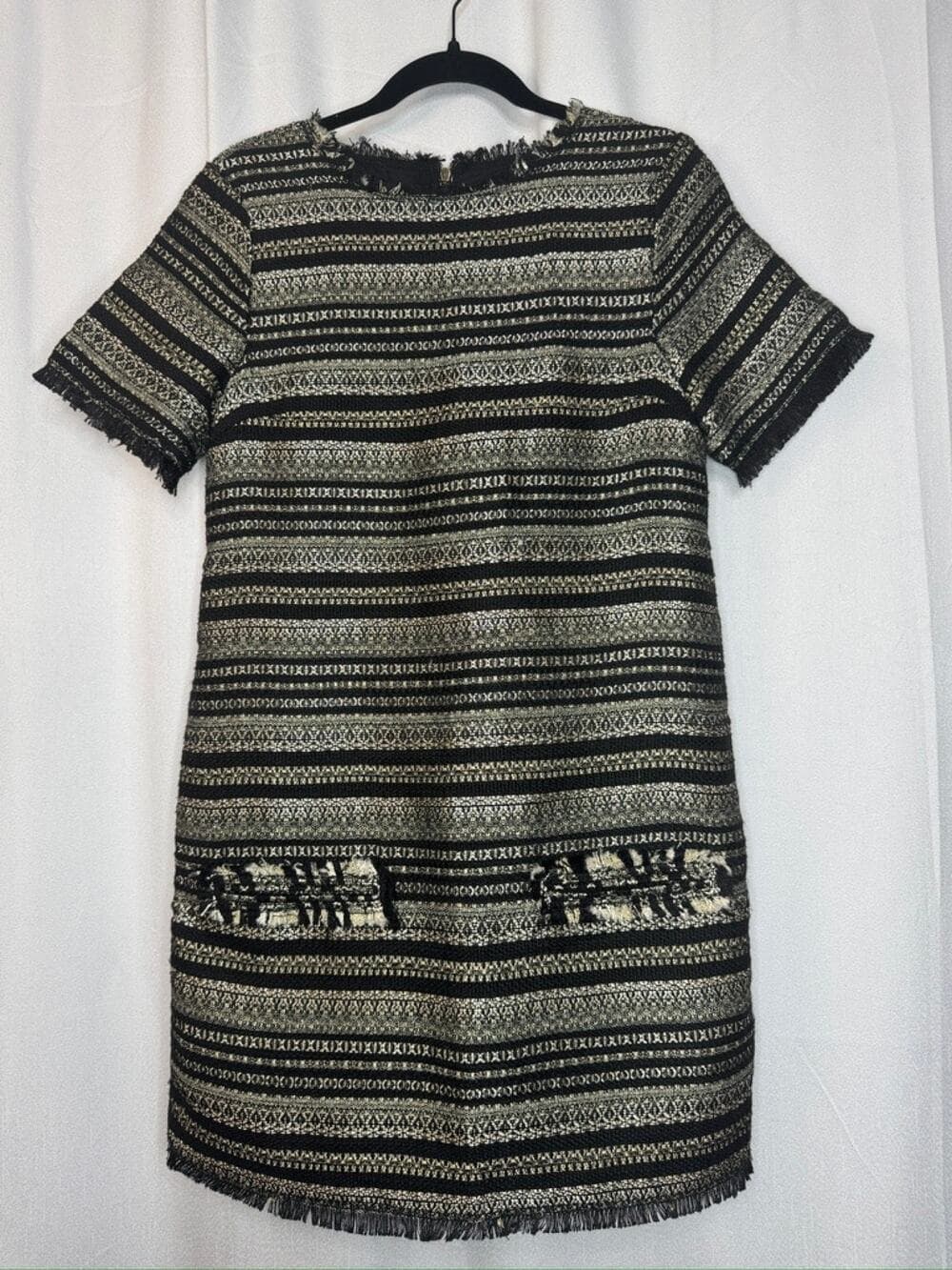 396. Darling Textured Fringe Pocket Shift Dress Black Cream - Thumbnail 9
