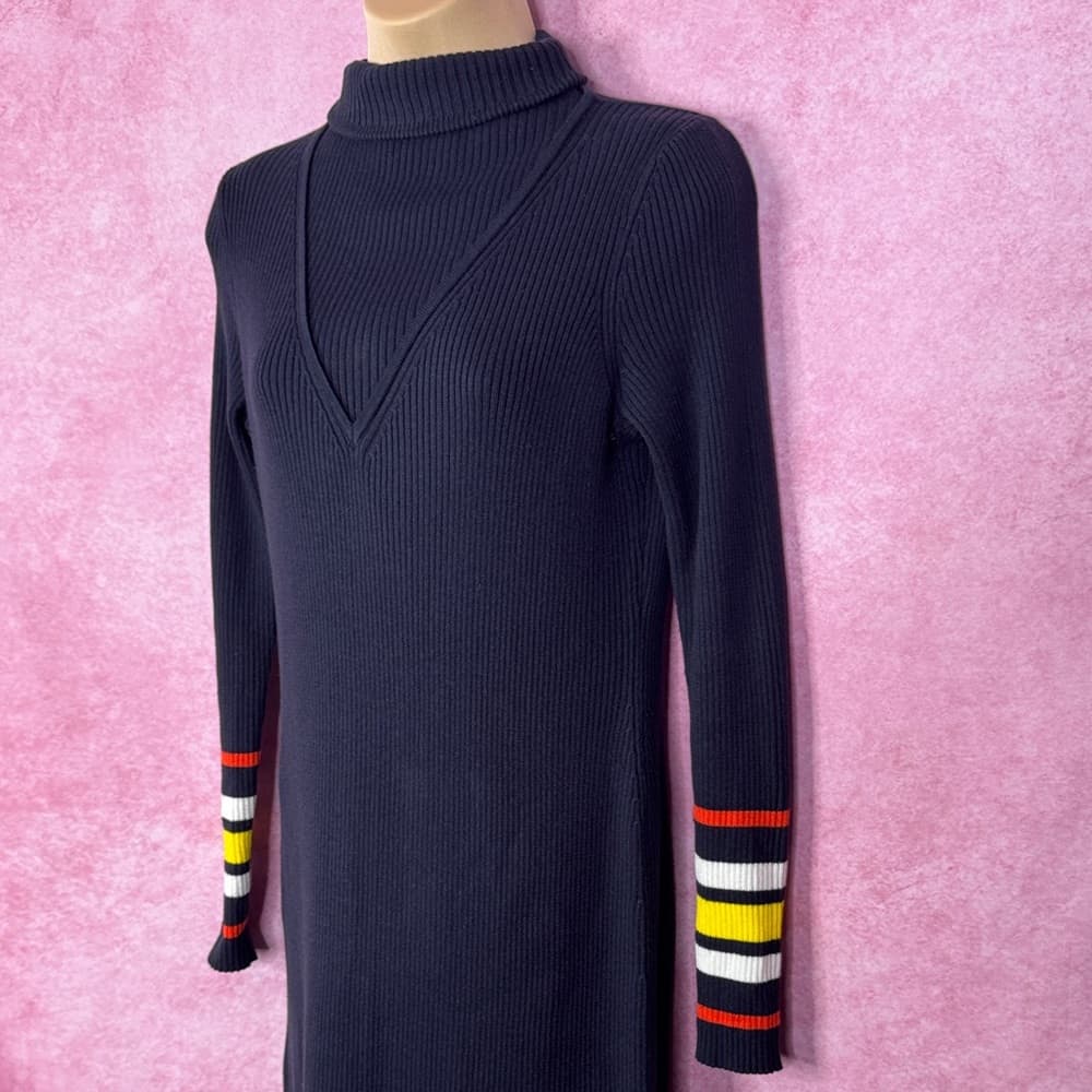 247. Etcetera Navy Striped Cuff & Hem Ribbed Sweater Dress M - Thumbnail 3