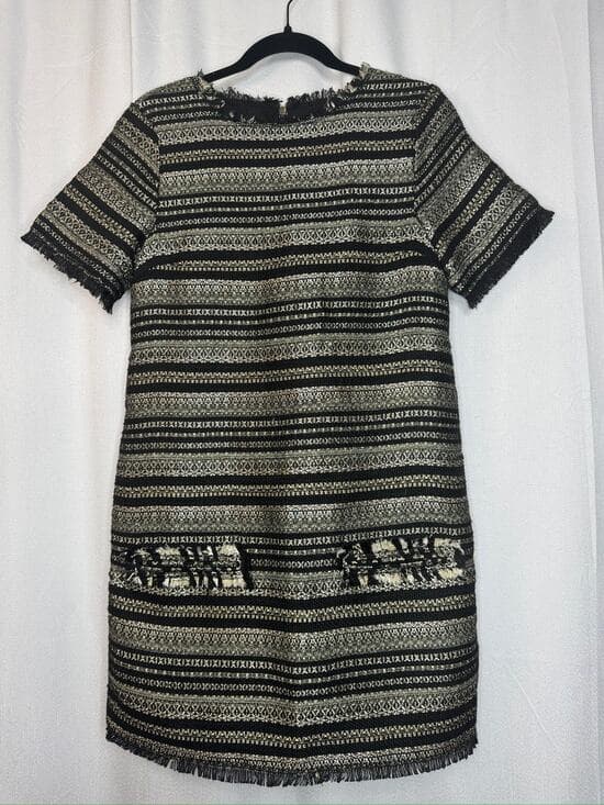 396. Darling Textured Fringe Pocket Shift Dress Black Cream - Thumbnail 10