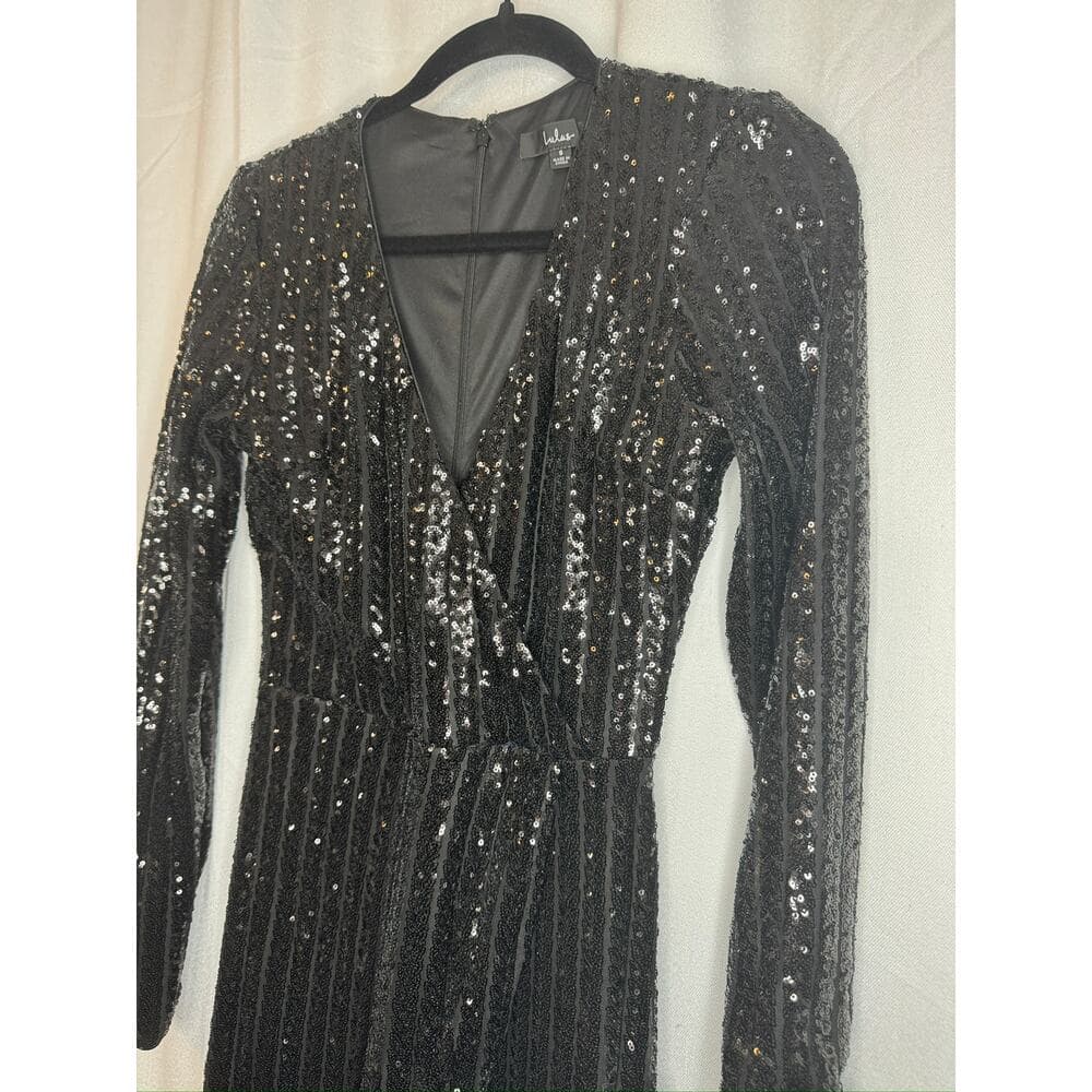 395. Lulu's Black Sequin Plunge V-Neck Long Sleeve Maxi Gown Size M NWT - Thumbnail 4