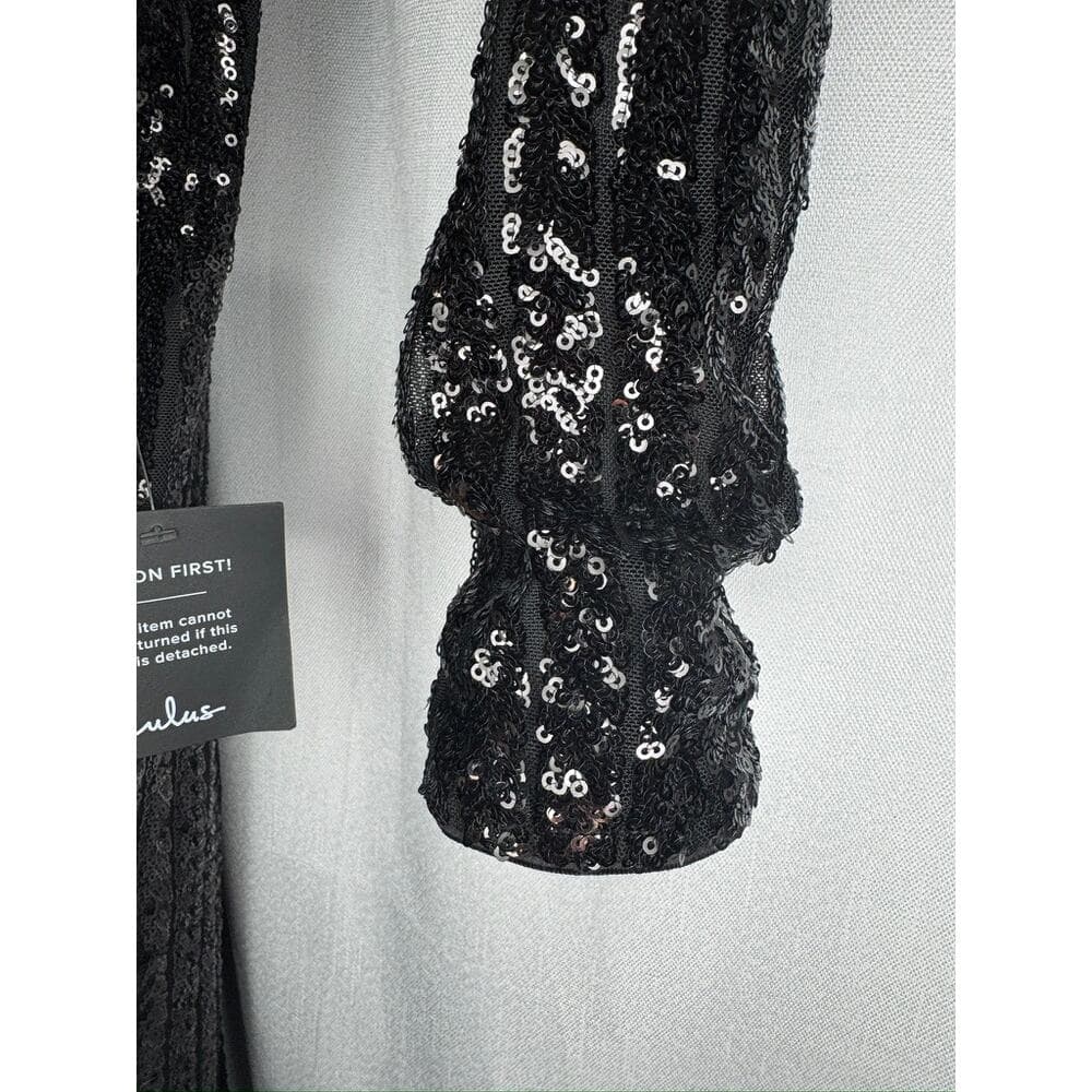395. Lulu's Black Sequin Plunge V-Neck Long Sleeve Maxi Gown Size M NWT - Thumbnail 7