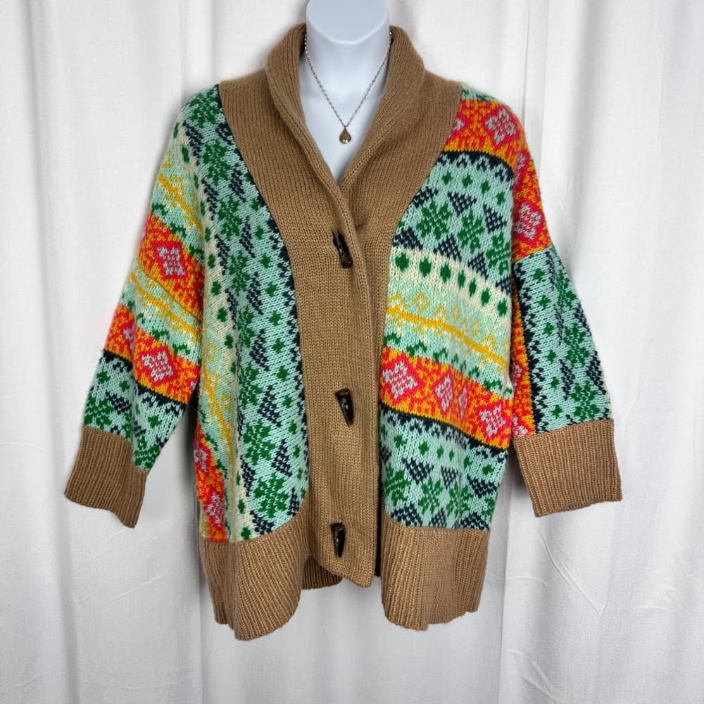 304. Anthropologie A+ Fair Isle Shawl Collar Cardigan Sweater 1X - Thumbnail 2