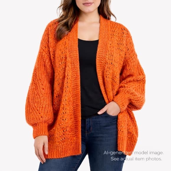 302. Lea & Viola Orange Chunky Knit Open Front Cardigan 2X - Thumbnail 9