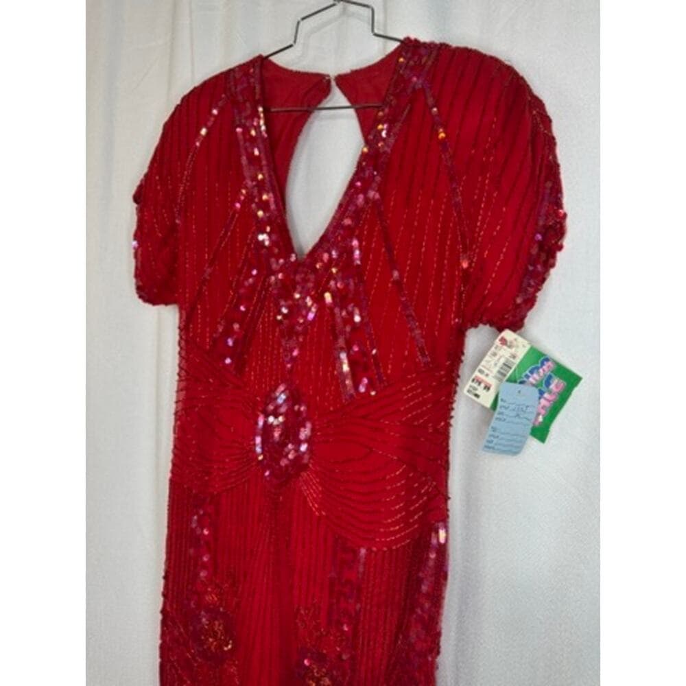 400. Missy Designer Red Silk Sequin Beaded Cocktail Dress Size M NWT - Thumbnail 4
