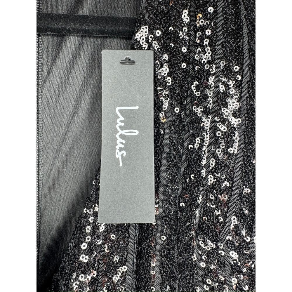 395. Lulu's Black Sequin Plunge V-Neck Long Sleeve Maxi Gown Size M NWT - Thumbnail 5
