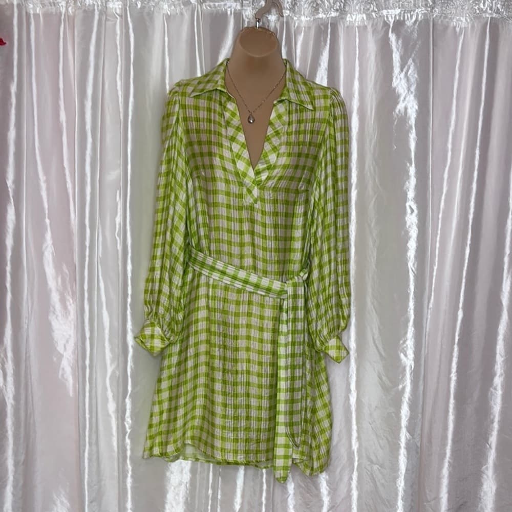 54. FRNCH Paris Olive Gingham Belted Shirt Dress with Pockets – XS - Thumbnail 2