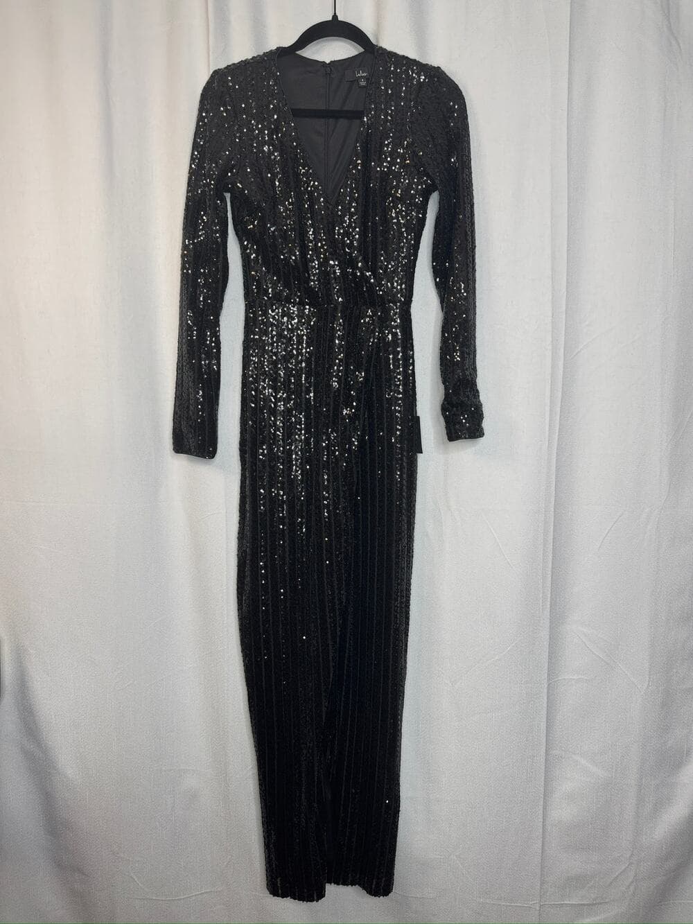 395. Lulu's Black Sequin Plunge V-Neck Long Sleeve Maxi Gown Size M NWT - Thumbnail 10