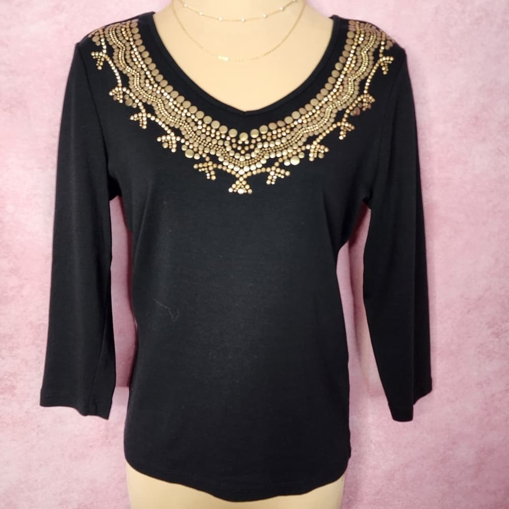 173. Karen Scott Black Embellished Cotton Top Size Small - Thumbnail 4