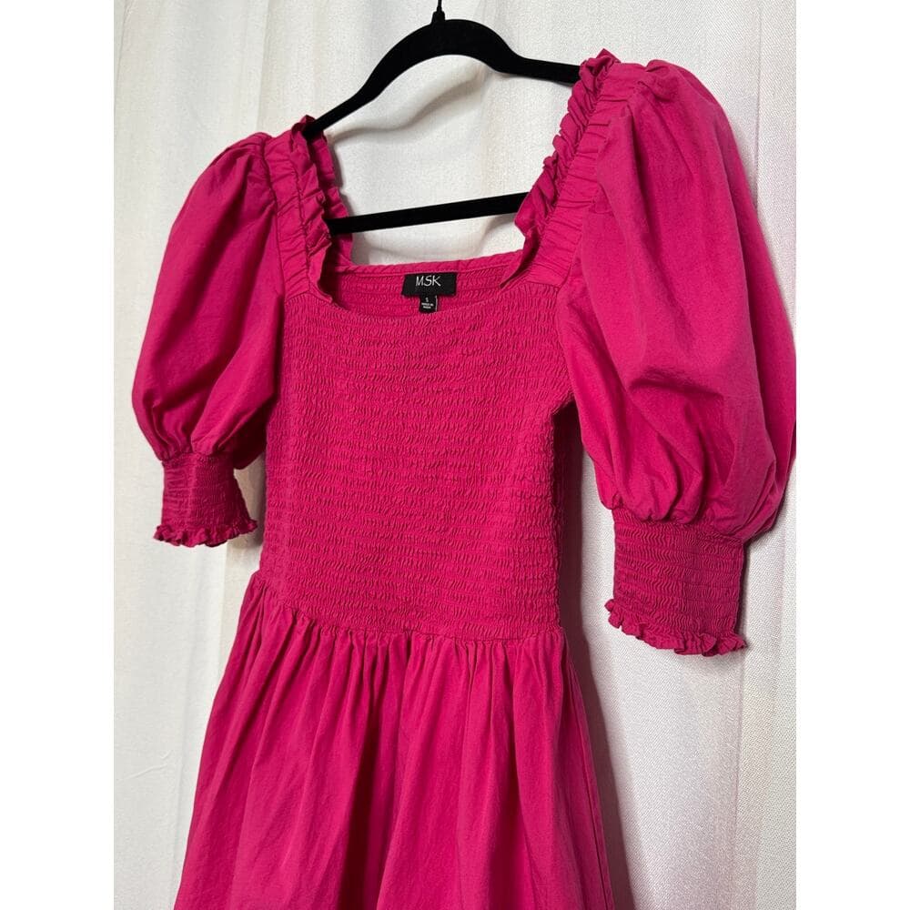 341. MSK Pink Smocked Puff Sleeve Cotton Mini Dress Size S - Thumbnail 2