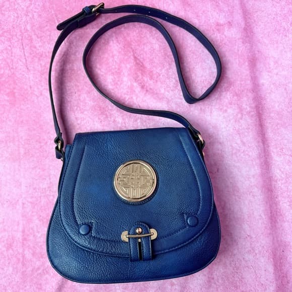 262. Blue Faux Leather Crossbody with Gold Medallion