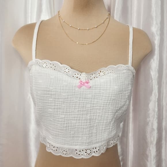 106. Forever 21, White Eyelet Bow Crop Top – Size Large - Thumbnail 7
