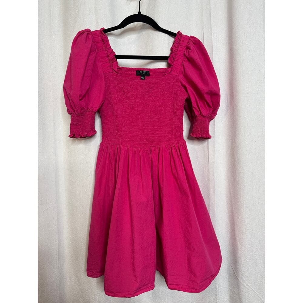 341. MSK Pink Smocked Puff Sleeve Cotton Mini Dress Size S - Thumbnail 5