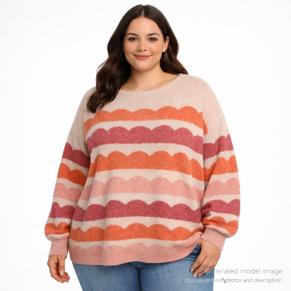 306. Bloomchic Scallop Stripe Knit Sweater Pink Orange 2X - Thumbnail 9