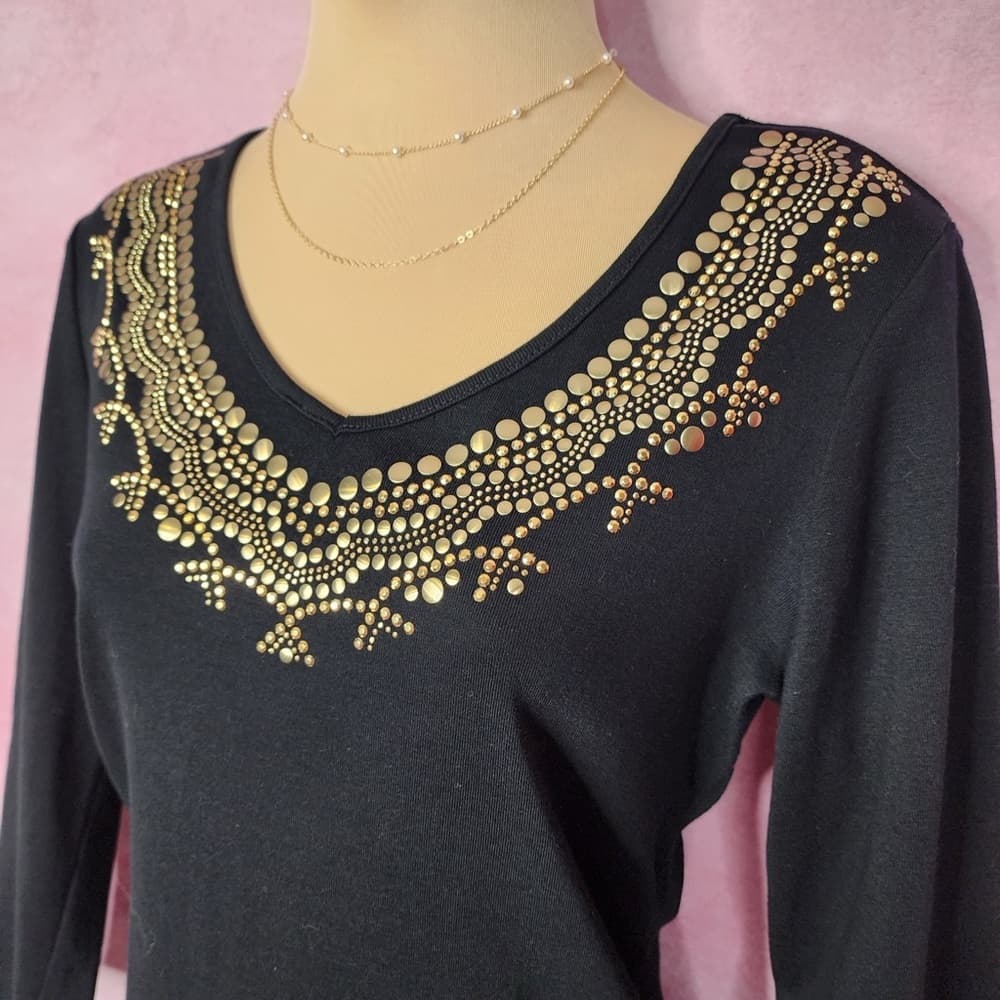 173. Karen Scott Black Embellished Cotton Top Size Small - Thumbnail 2