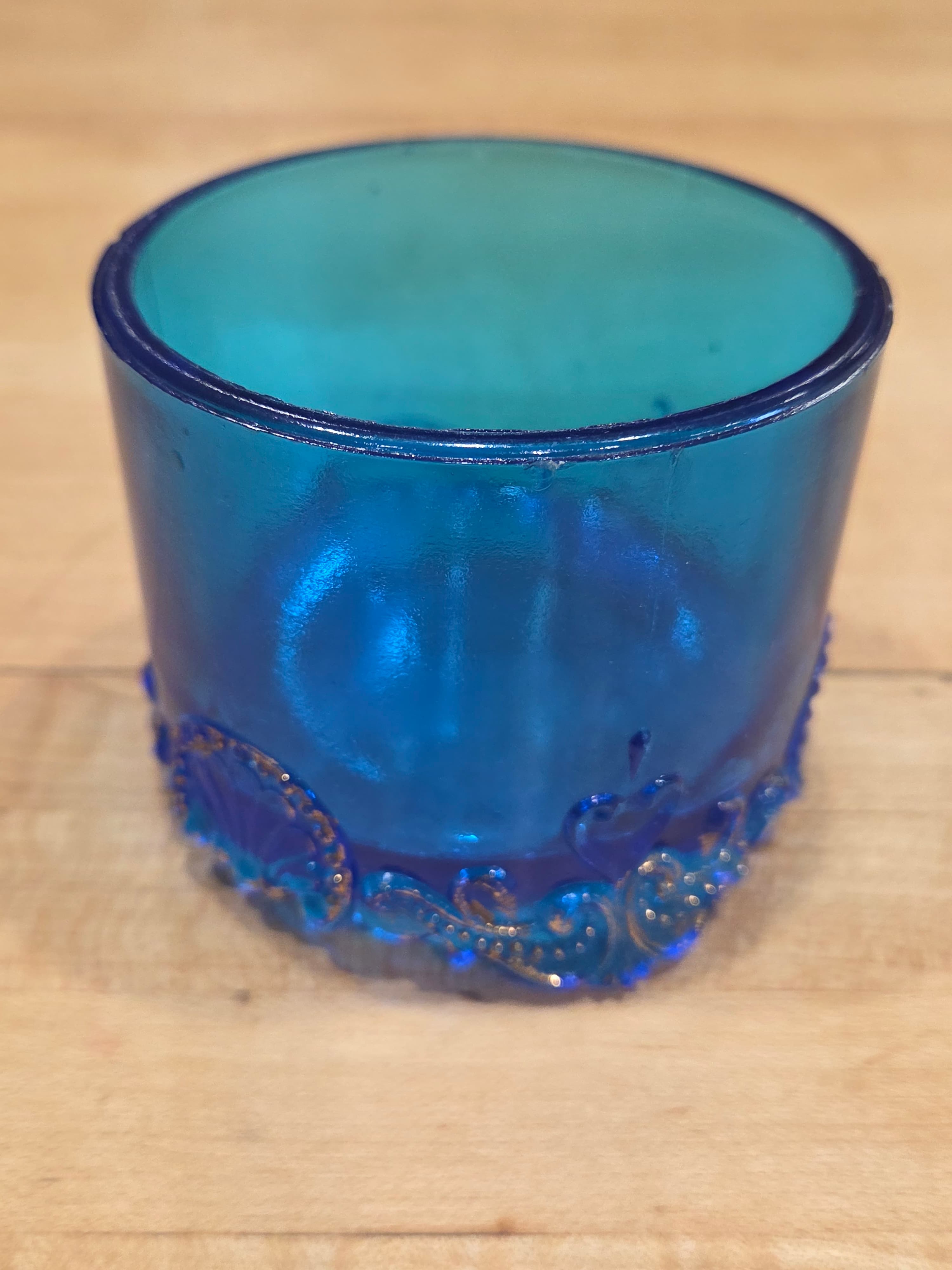 Vintage L G Wright Blue Glass Jeweled Heart Pattern Toothpick Holder Cup