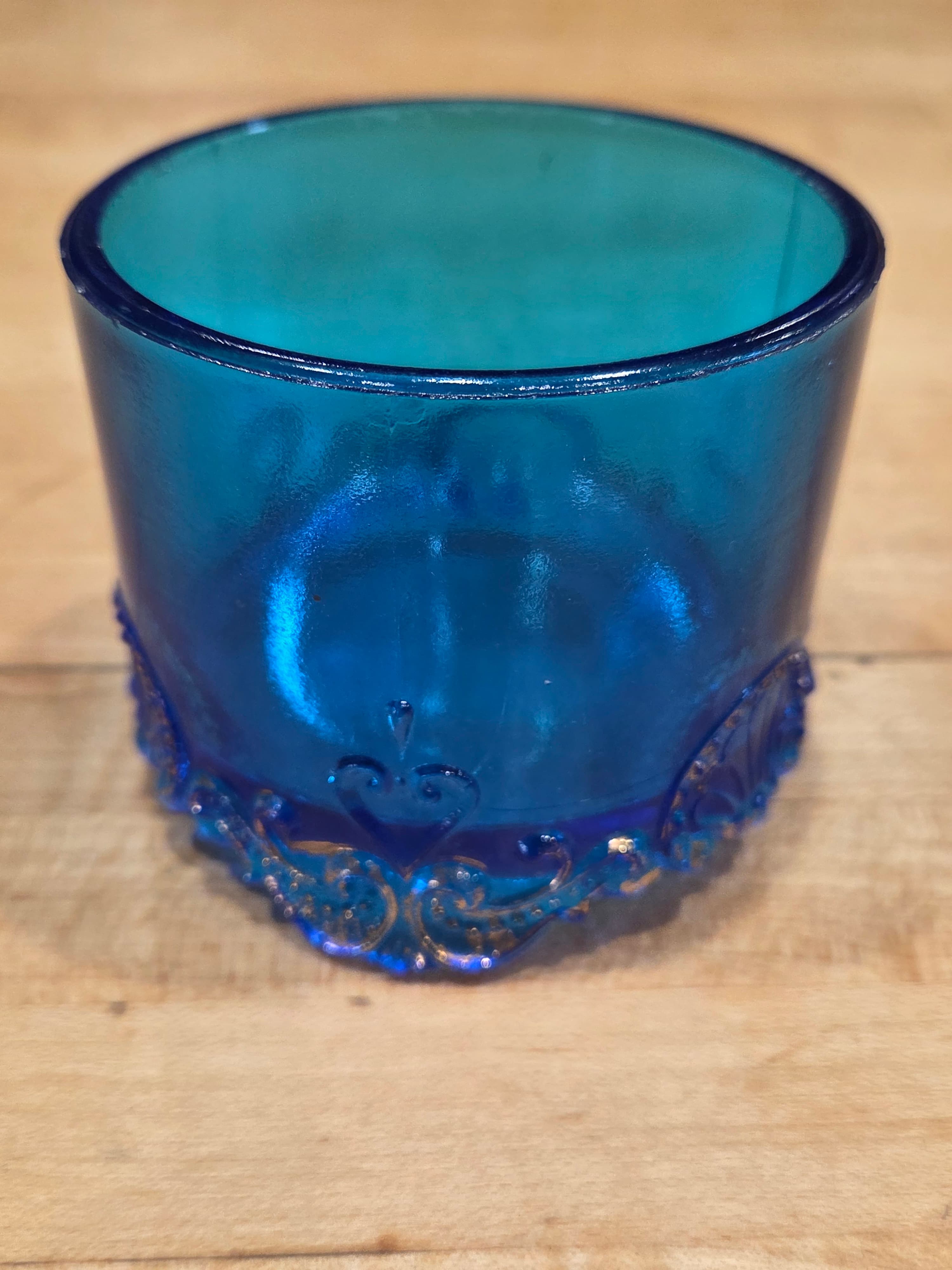 Vintage L G Wright Blue Glass Jeweled Heart Pattern Toothpick Holder Cup - Thumbnail 3