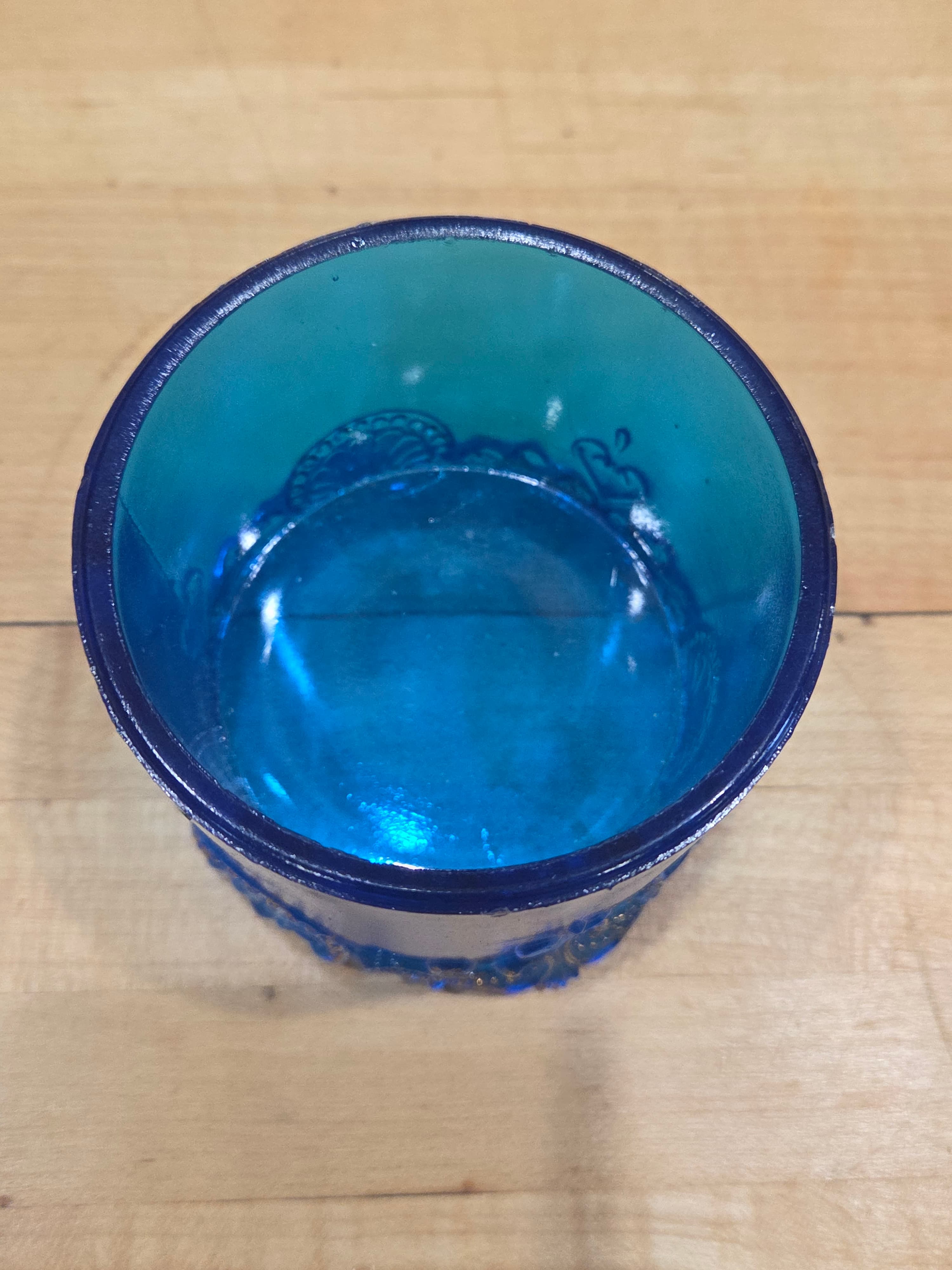 Vintage L G Wright Blue Glass Jeweled Heart Pattern Toothpick Holder Cup - Thumbnail 4
