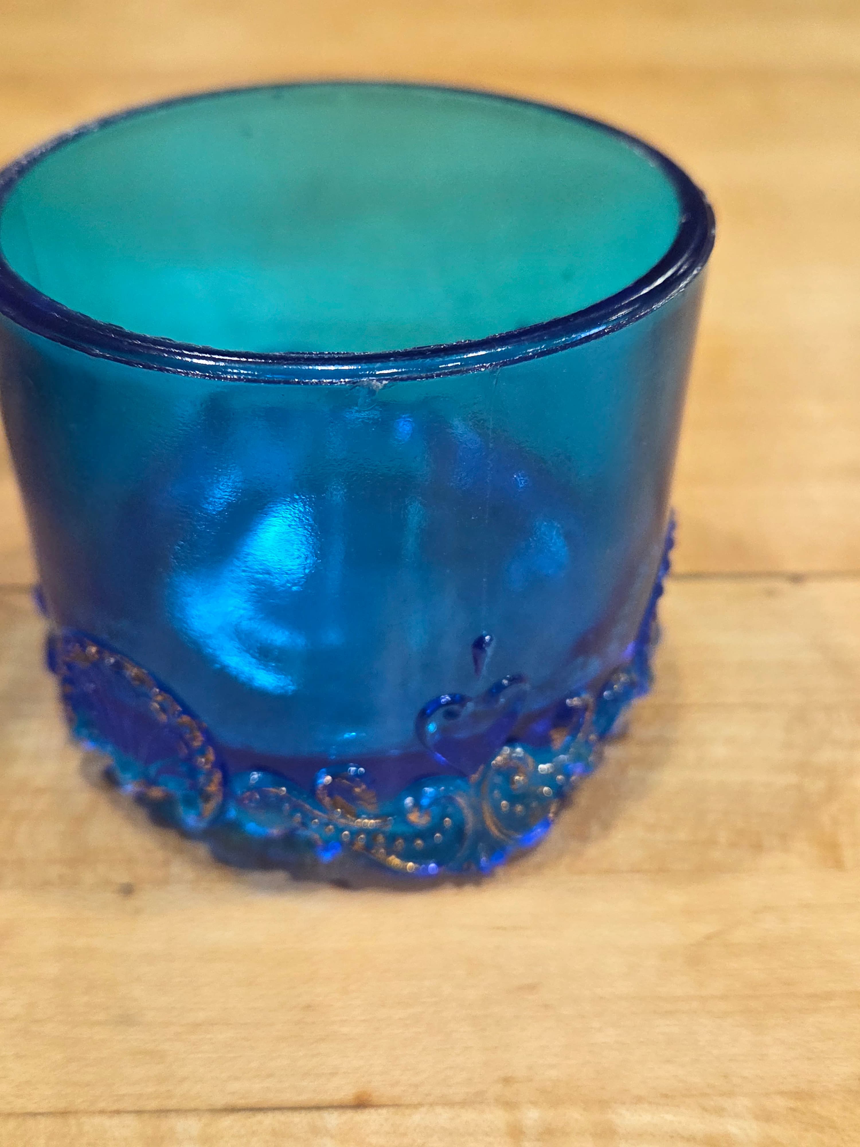 Vintage L G Wright Blue Glass Jeweled Heart Pattern Toothpick Holder Cup - Thumbnail 2