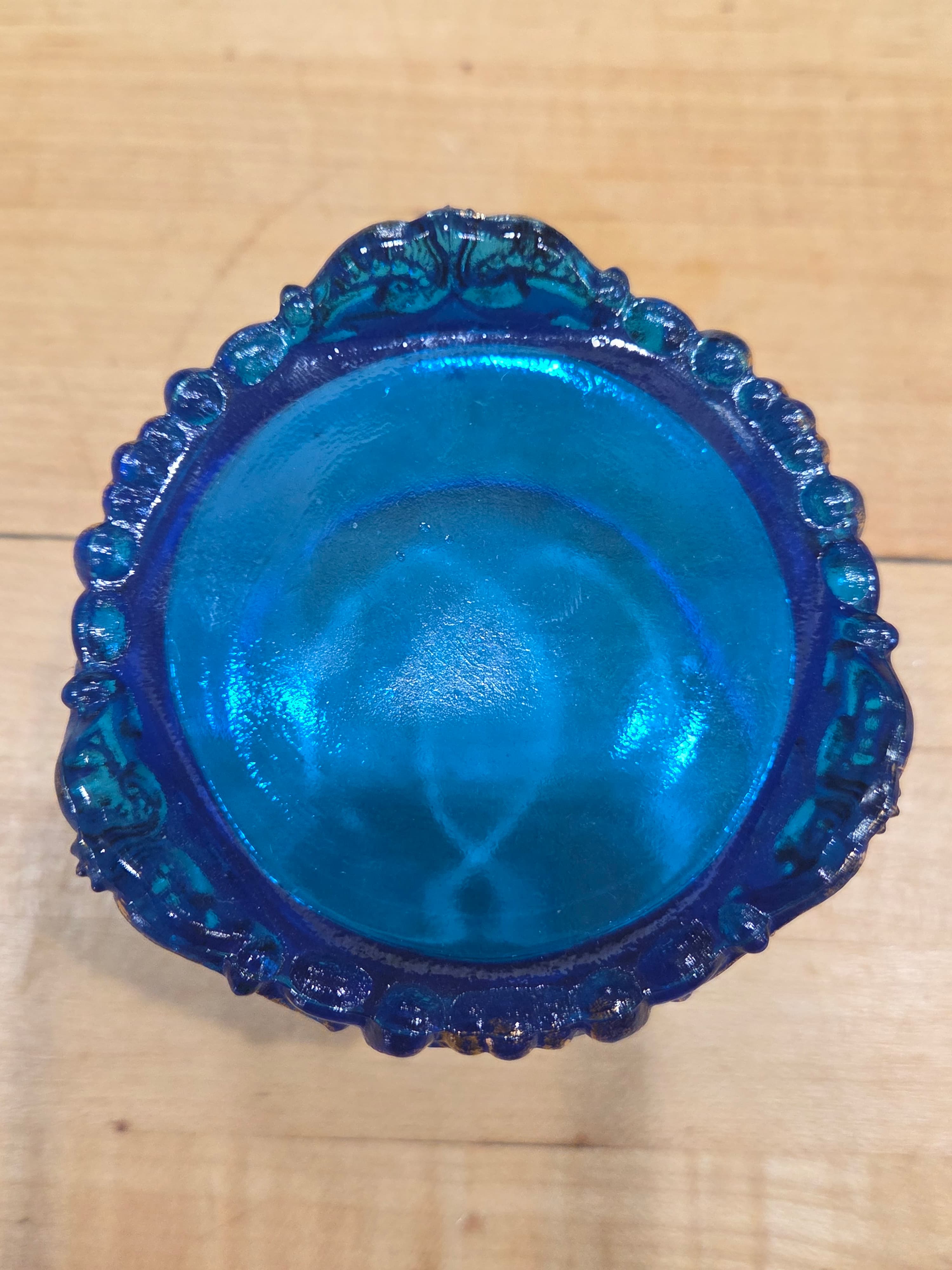 Vintage L G Wright Blue Glass Jeweled Heart Pattern Toothpick Holder Cup - Thumbnail 5
