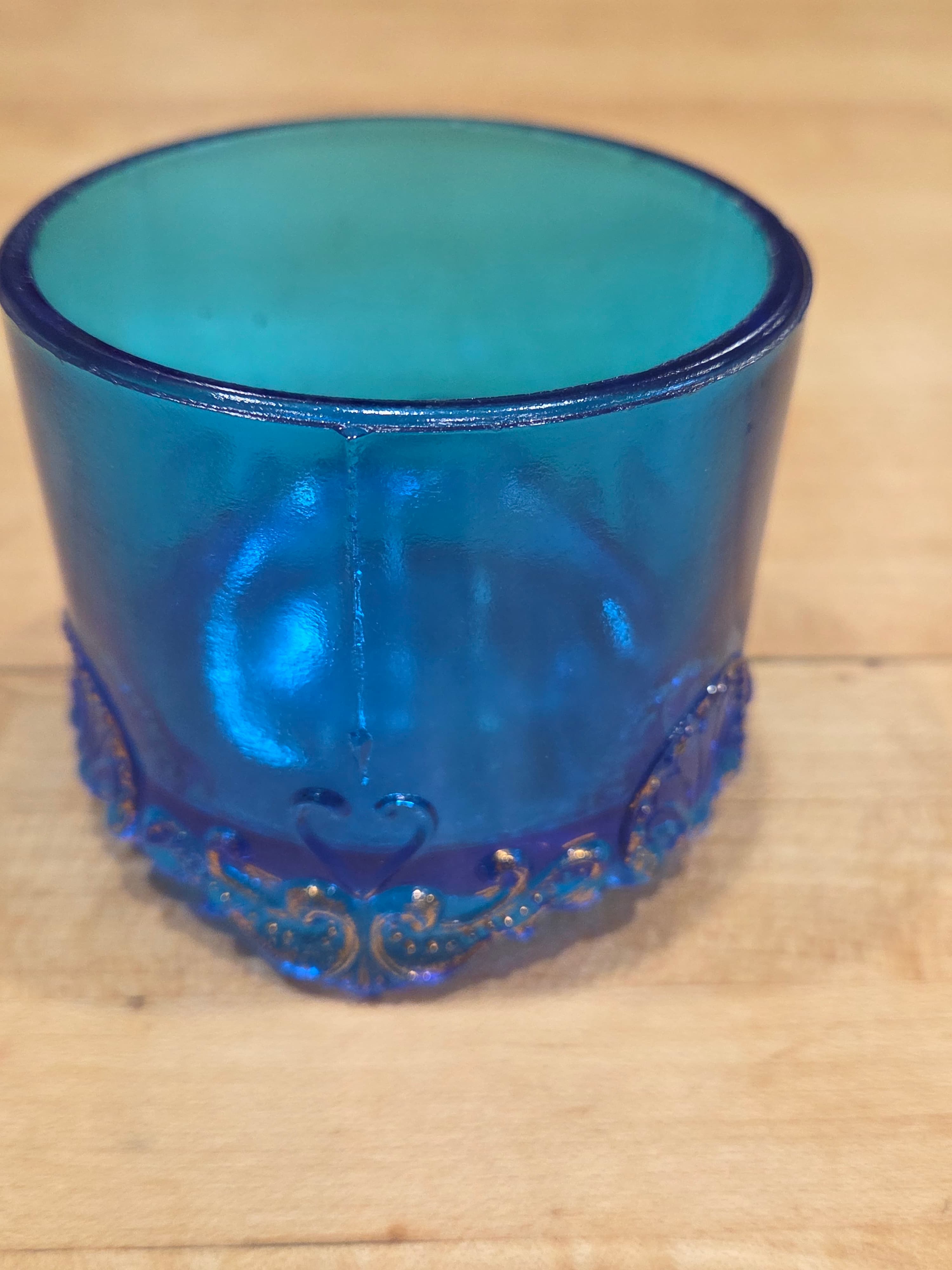 Vintage L G Wright Blue Glass Jeweled Heart Pattern Toothpick Holder Cup - Thumbnail 6