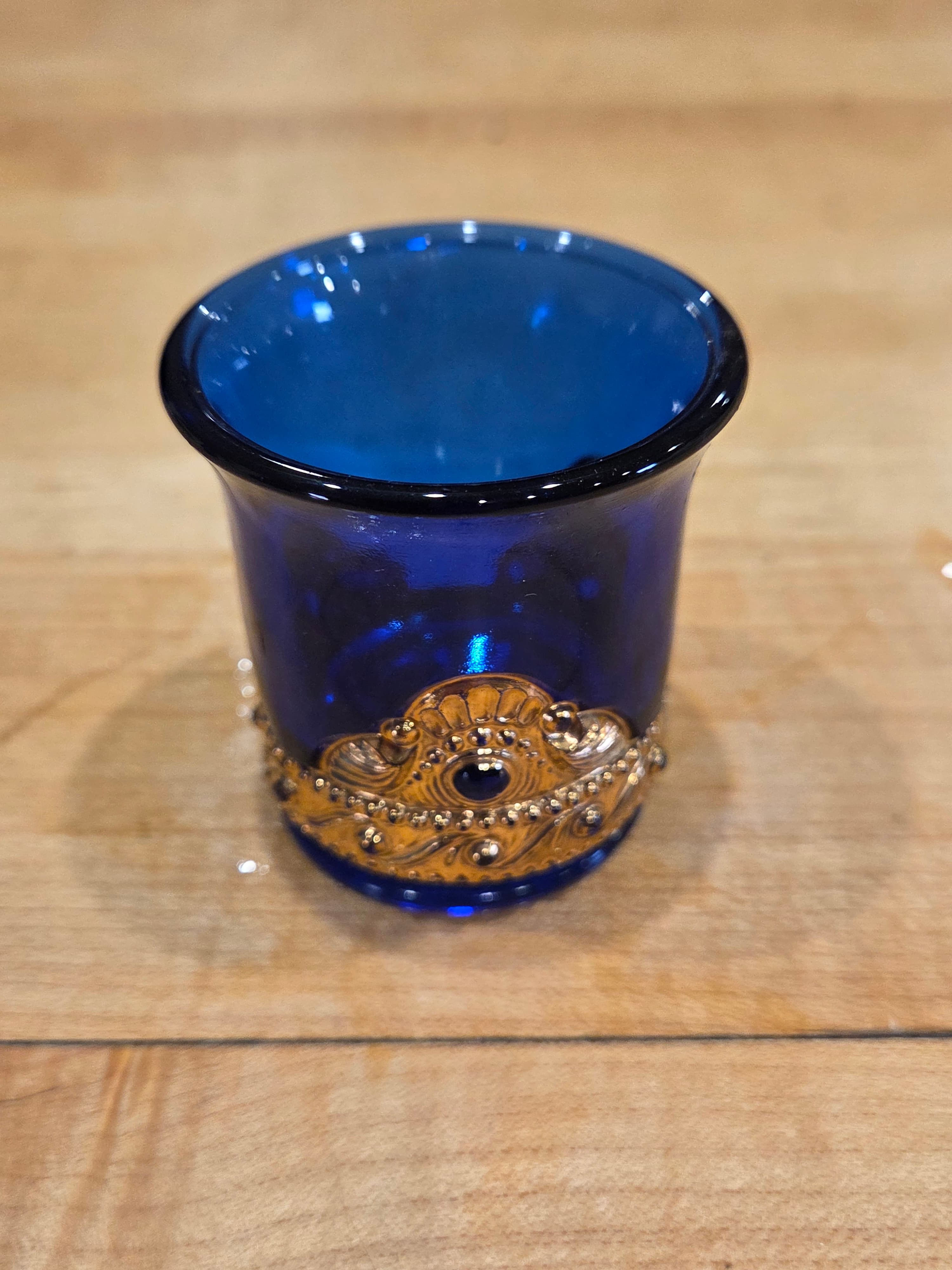 Vintage Cobalt Blue Glass Gold Gilt Eye of Glass Toothpick Holder Votive Cup