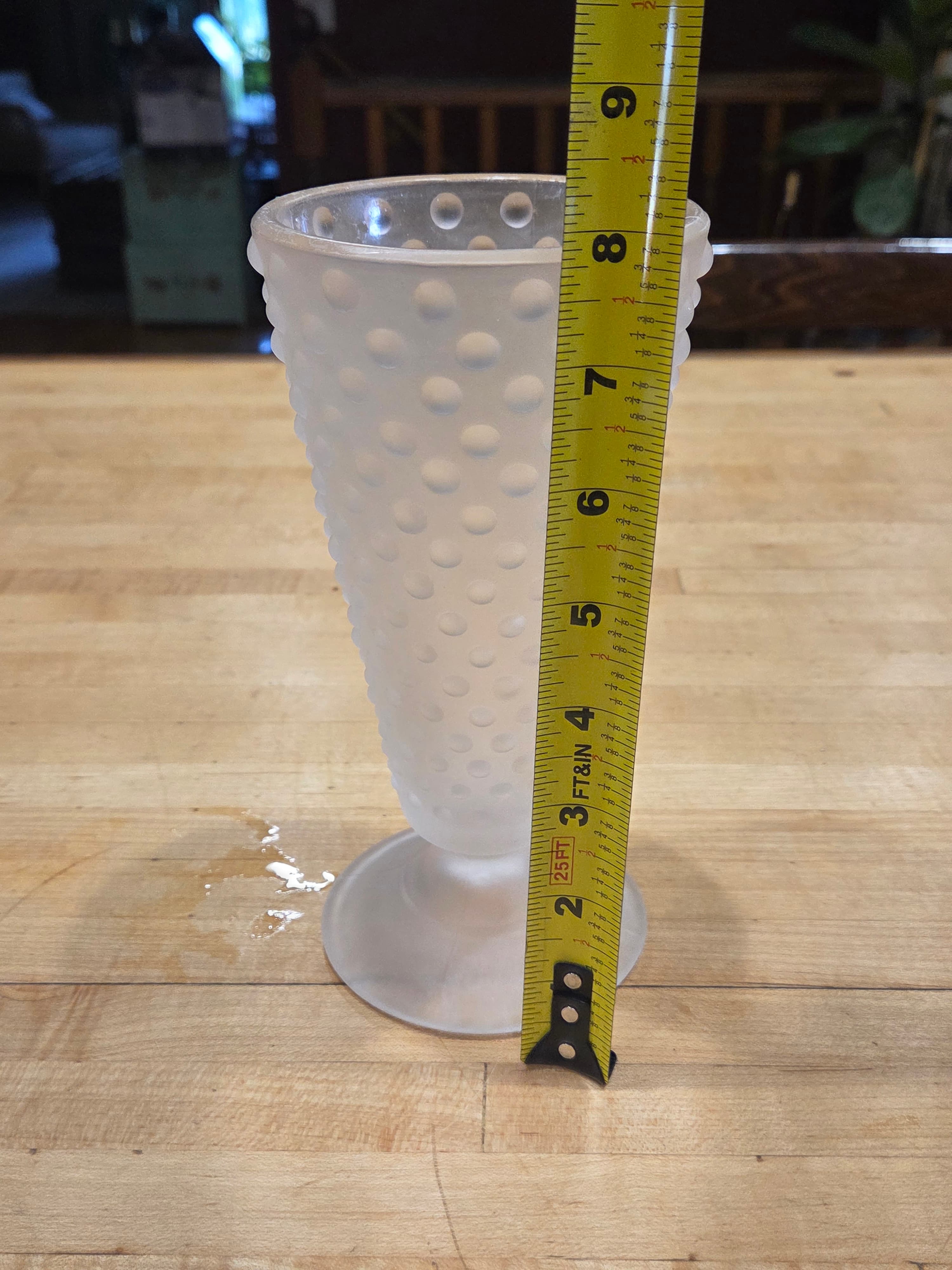 Vintage Indiana Glass Clear Satin Frosted Hobnail Footed Tumbler Vase 8 in
