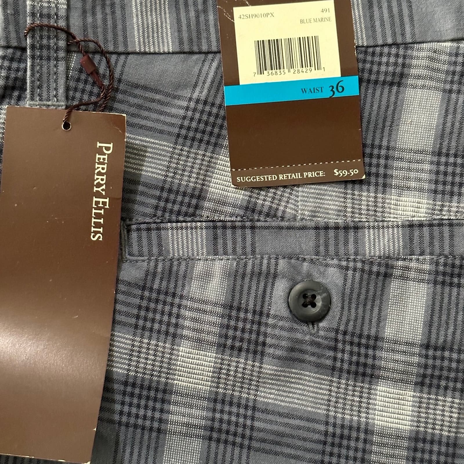 PERRY ELLIS SHORTS MENS 36W BLUE Marine PLAID New W Tag Ret $60 - Thumbnail 4
