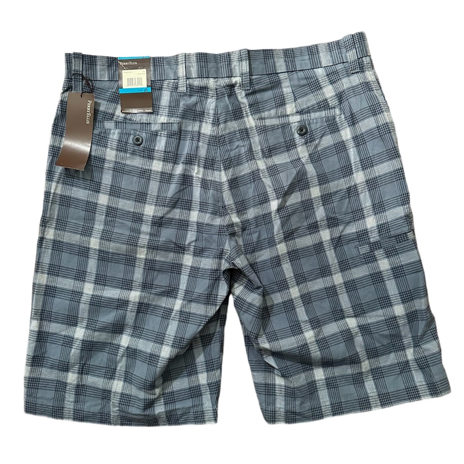 PERRY ELLIS SHORTS MENS 36W BLUE Marine PLAID New W Tag Ret $60 - Thumbnail 2