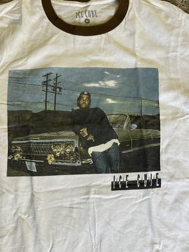 Ice Cube Retro Doughboy Pose Leaning On Impala Ringer T-Shirt White Brown Medium - Thumbnail 4