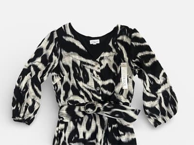 Luxology Dress Womens Small Black White Belted Tiered Boho Midi Puff NEW Animal - Thumbnail 3