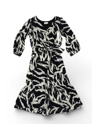 Luxology Dress Womens Small Black White Belted Tiered Boho Midi Puff NEW Animal - Thumbnail 2
